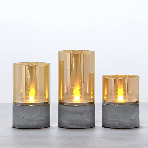 Fanna 3er Set Gold flammenlose Flackernde Led Kerzen im Glas Industrieller Stil, Glaswindlichter mit Timerfunktion, warmweiße Licht H. 10cm, 12,5cm, 15cm von Fanna