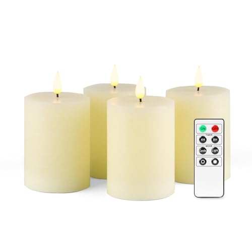 Fanna 4 Creme LED Flammenlose Echtwachs kerzen Rustikale Design, Batteriekerzen mit Timer für Weihnachten Dekorationen und Advent, Fernbedienung und Batterien enthalten - H 10cm von Fanna