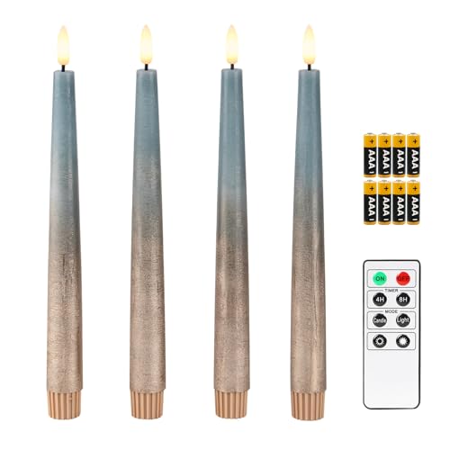 Fanna 4 Echtwachs Led Stabkerzen mit Fernbedienung, Rustikale Flammenlose Spitzkerzen mit Timer für Weihnachten Dekorationen und Adventskranz - H 24,5cm - Blau/Kupfer von Fanna