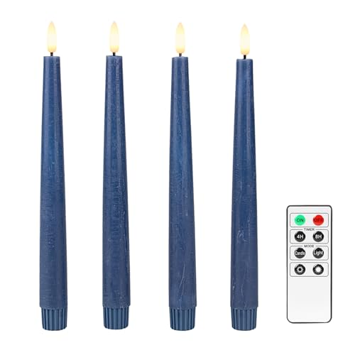 Fanna 4 Echtwachs Led Stabkerzen mit Fernbedienung, Rustikale Flammenlose Spitzkerzen mit Timer für Weihnachten Dekorationen und Adventskranz - H 24,5cm - Dunkelblau von Fanna