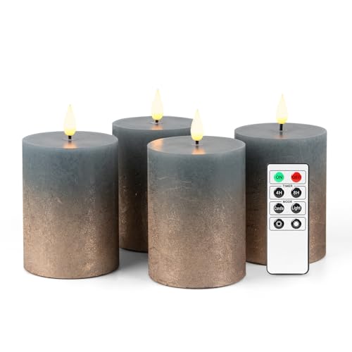 Fanna 4 LED Flammenlose Echtwachs kerzen Rustikale Design, Batteriekerzen mit Timer für Weihnachten Dekorationen und Advent, Fernbedienung und Batterien enthalten - H 10cm - Blau/Kupfer von Fanna