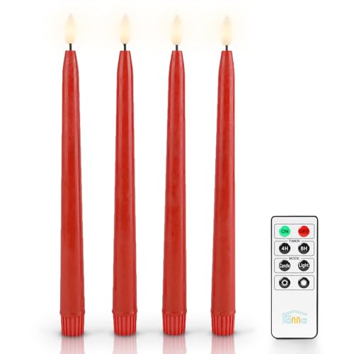 Fanna 4 Rote Led Stabkerzen mit Fernbedienung für Weihnachten Echtwachs-Finish, Flammenlose Spitzkerzen mit Timer für Valentinstag und Hochzeit - H 28 cm von Fanna