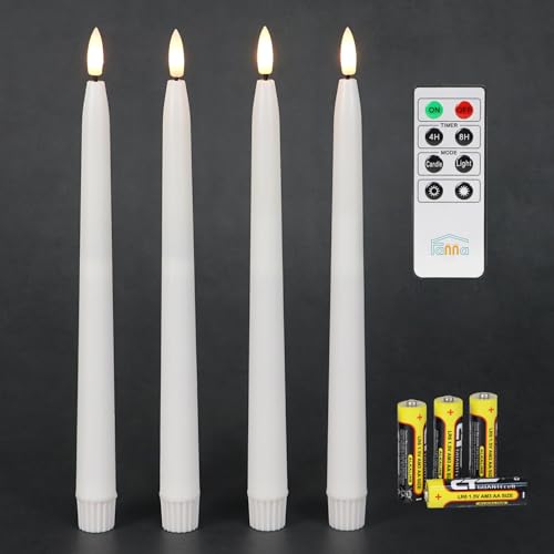 Fanna 4 flammenlose LED Stabkerzen Tafelkerzen Weiß glatte Wachsoberfläche, Leuchterkerzen mit Timer Funktion, Fernbedienung und Batterien enthalten, H. 28 cm von Fanna