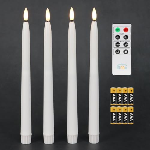 Fanna 4 flammenlose LED Stabkerzen Tafelkerzen Weiß glatte Wachsoberfläche, Leuchterkerzen mit Timer Funktion, Fernbedienung und Batterien enthalten, H. 28 cm von Fanna