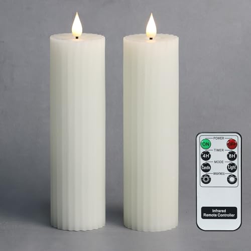 Fanna Led flammenlose Kerzen Weiß 2er set Streifen Design Stumpenkerzen batteriebetrieben inkl. Fernbedienung und Batterien H. 20,5 cm von Fanna