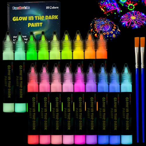 FansArriche Nachtleuchtende Farben 18×20 ml, Glow in The Dark Farbe, 3D Wasserfest Textilfarbe Farbe, Fluoreszierende Farbe, DIY Leuchtet im Dunkeln Stofffarben Klebestift für Kindermalerei von FansArriche