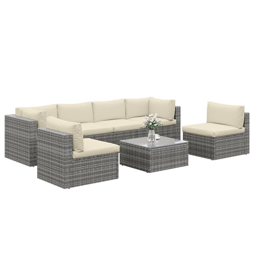 7-teiliges modulares Terrassenmöbel-Set, Korbgeflecht, Outdoor-Sektionalsofa mit Kissen und Couchtisch, Allwetter-Terrassen-Gesprächssets für Veranda, Balkon, Hinterhof, Beige 7-teiliges modulares Terrassenmöbel-Set, Korbgeflecht, Outdoor-Sektionalsofa mit Kissen und Couchtisch, Allwetter-Terrassen-Gesprächssets für Veranda, Balkon, Hinterhof, Beige von FansaFurn