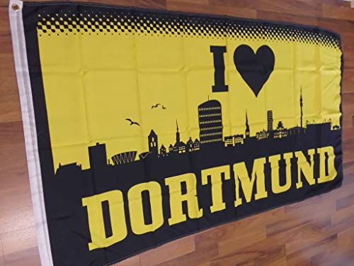 Fanshop Lünen Dortmund Herz I Love Fahne 90x150 cm - Hissfahne mit Ösen Skyline, Rot-Schwarz, Sport, Fußballspiel/Fan-Gathering, Flag, 90x150 cm von Fanshop Lünen