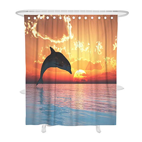 Duschvorhang Anti-Schimmel, Fansu 3D Drucken 100% Polyester Bad Vorhang Wasserdicht Anti-Bakteriell mit C-Form Kunststoff Haken mit 12 Ringe für Badzimmer (Orange Delfin,120x180cm) von FANSU