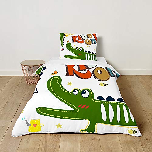 FANSU 2 Teilig Kinder Jungen Bettwäsche Set mit 1 Kissenbezug und 1 Bettbezug,3D Cartoon Krokodil Drucken 100% Microfaser Bettwäsche Set (Glückliches Krokodil,135x200cm + 50x75cm) von FANSU