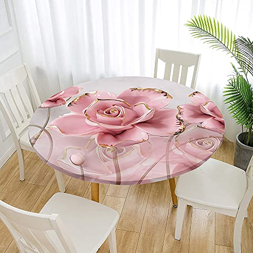 FANSU 3D Runde Tischdecke Abwaschbar, Rosen Motiv Wasserdicht Elastische Lotuseffekt Tischdecken Fleckschutz Abwischbar Tischtuch für Outdoor Küchentisch Garten (Golden rosa,Durchmesser 120cm) von FANSU