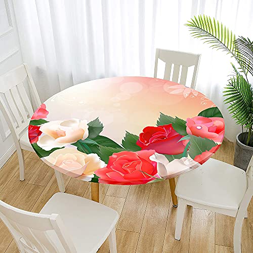 FANSU 3D Runde Tischdecke Abwaschbar, Rosen Motiv Wasserdicht Elastische Lotuseffekt Tischdecken Fleckschutz Abwischbar Tischtuch für Outdoor Küchentisch Garten (Licht,Durchmesser 120cm) von FANSU