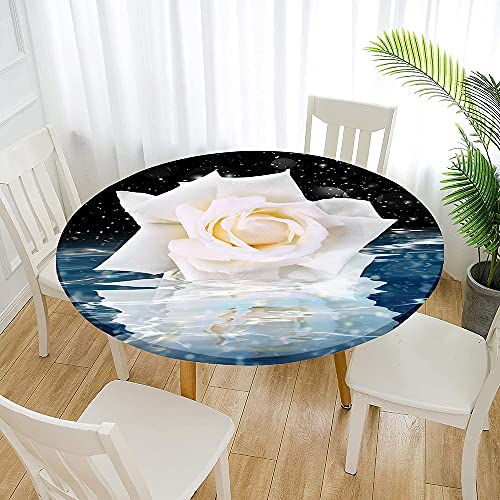 FANSU 3D Runde Tischdecke Abwaschbar, Rosen Motiv Wasserdicht Elastische Lotuseffekt Tischdecken Fleckschutz Abwischbar Tischtuch für Outdoor Küchentisch Garten (Weiß Blau,Durchmesser 120cm) von FANSU