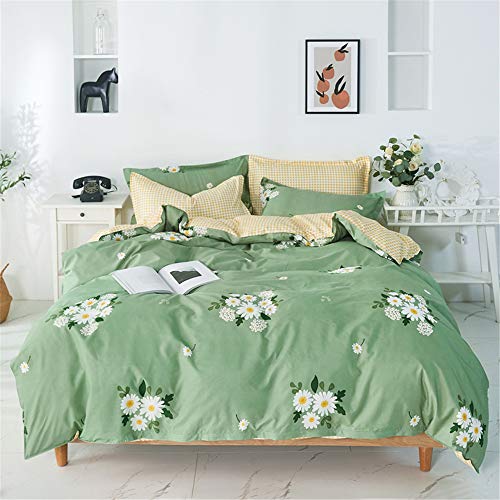 FANSU Bettbezug Mikrofaser Bettwäsche Set 3 Teilig, Daisy Blumen Plaid Drucken Bequem Schlafzimmer Bettwaren Bettbezug mit Reißverschluss und 2 Kissenbezüge 50x75cm (200x200cm,Matcha Grün) von FANSU