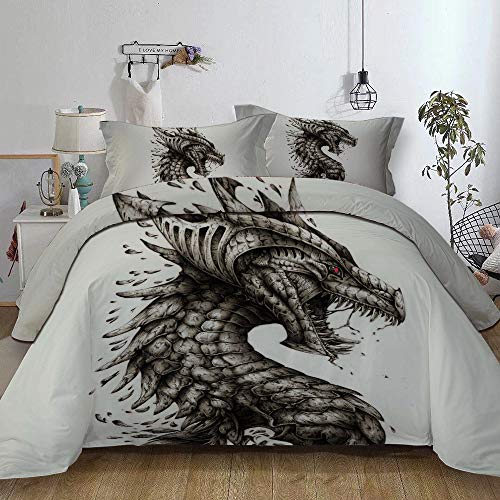 FANSU Bettwäsche Set Bettbezug 3 TLG, Mikrofaser 3D Dinosaurier Bedrucktes Bettwäsche Set Kopfkissenbezug Bettbezug mit Reißverschluss Schließung (230x200cm, Eiserner Drache) von FANSU