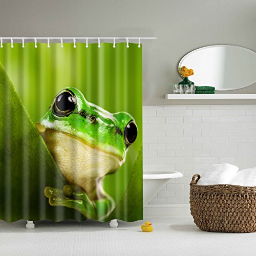 FANSU Duschvorhang Anti-Schimmel, 3D Drucken 100% Polyester Bad Vorhang Wasserdicht Anti-Bakteriell mit C-Form Kunststoff Haken mit 12 Ringe für Badzimmer (Grüner Frosch,165x180cm) von FANSU