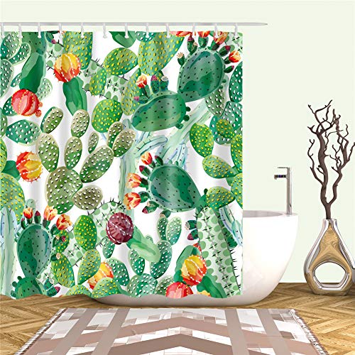 FANSU Duschvorhang Anti-Schimmel, 3D Drucken 100% Polyester Bad Vorhang Wasserdicht Anti-Bakteriell mit C-Form Kunststoff Haken mit 12 Ringe für Badzimmer (Kaktus,165x180cm) von FANSU