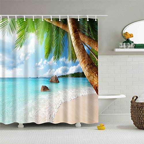 FANSU Duschvorhang Anti-Schimmel, 3D Drucken 100% Polyester Bad Vorhang Wasserdicht Anti-Bakteriell mit C-Form Kunststoff Haken mit 12 Ringe für Badzimmer (Kokosnussbaum,90x180cm) von FANSU