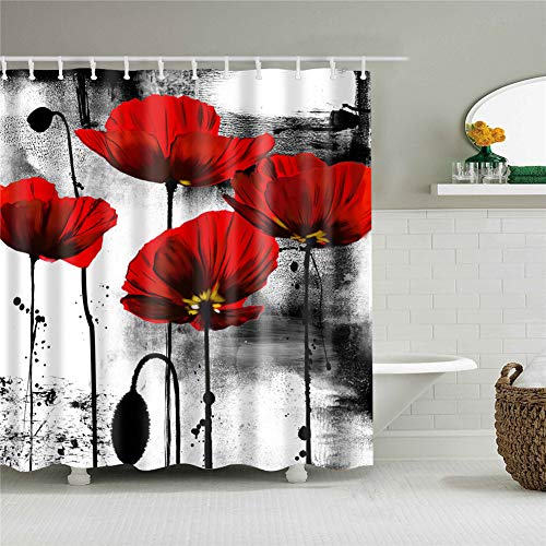 FANSU Duschvorhang Anti-Schimmel, 3D Drucken 100% Polyester Bad Vorhang Wasserdicht Anti-Bakteriell mit C-Form Kunststoff Haken mit 12 Ringe für Badzimmer (rote Blume,180x180cm) von FANSU