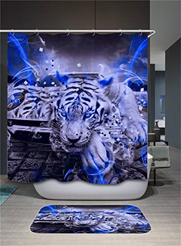 FANSU Duschvorhang Wasserdicht Anti-Schimmel Anti-Bakteriell, 3D Drucken 100% Polyester Bad Vorhang für Badzimmer mit C-Form Kunststoff Haken (180x200cm,Weißer Tiger) von FANSU