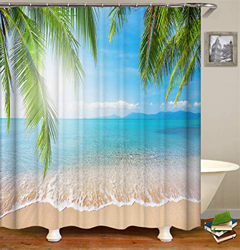 FANSU Duschvorhang Wasserdicht Anti-Schimmel Anti-Bakteriell, 3D Drucken 100% Polyester Bad Vorhang für Badzimmer mit C-Form Kunststoff Haken (90x180cm,Ozean Strand D) von FANSU