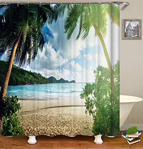 FANSU Duschvorhang Wasserdicht Anti-Schimmel Anti-Bakteriell, 3D Drucken 100% Polyester Bad Vorhang für Badzimmer mit C-Form Kunststoff Haken (90x180cm,Ozean Strand E) von FANSU