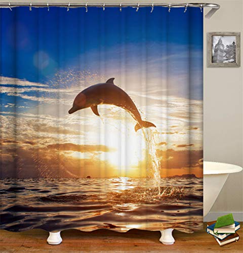 FANSU Duschvorhang Wasserdicht Anti-Schimmel Anti-Bakteriell, 3D Drucken 100% Polyester Bad Vorhang für Badzimmer mit C-Form Kunststoff Haken (Delfin,120x180cm) von FANSU