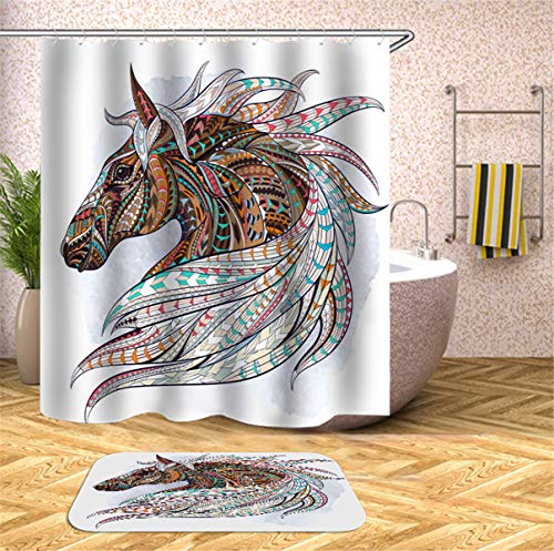 FANSU Duschvorhang Wasserdicht Anti-Schimmel Anti-Bakteriell, 3D Drucken 100% Polyester Bad Vorhang für Badzimmer mit C-Form Kunststoff Haken (Pferd,120x180cm) von FANSU