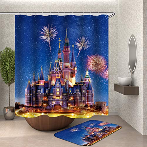 FANSU Duschvorhang Wasserdicht Anti-Schimmel Anti-Bakteriell, 3D Drucken 100% Polyester Bad Vorhang für Badzimmer mit C-Form Kunststoff Haken (Schloss,180x180cm) von FANSU