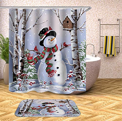 FANSU Duschvorhang Wasserdicht Anti-Schimmel Anti-Bakteriell, 3D Drucken 100% Polyester Bad Vorhang für Badzimmer mit C-Form Kunststoff Haken (Schneemann,180x200cm) von FANSU