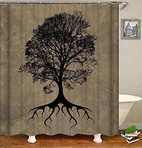 FANSU Duschvorhang Wasserdicht Anti-Schimmel Anti-Bakteriell, 3D Shabby Drucken 100% Polyester Bad Vorhang für Badzimmer mit C-Form Kunststoff Haken (90x180cm,Grauer Baum) von FANSU