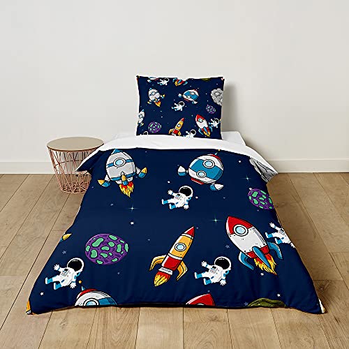 FANSU Kinder Bettwäsche Set, 3D Platz Planet Muster Junge Mädchen Bettwäsche 2 Teilig mit Bettbezug und Kissenbezug, Sanft 100% Microfaser Bettwäsche Set (Rocket A,100x135cm + 40x60cm) von FANSU