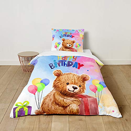 FANSU Kinder Junge Mädchen Bettwäsche Set, 3D Super süßer Plüschbär Muster Bettwäsche 2 Teilig mit Bettbezug und Kissenbezug, Sanft Microfaser Bettwäsche Set (Happy Birthday,135x200cm + 50x75cm) von FANSU