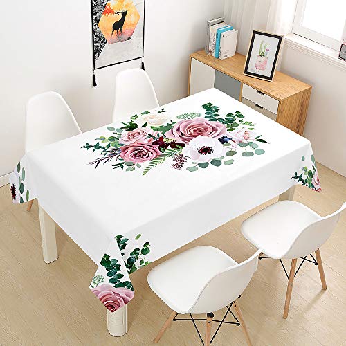 FANSU Rose Tischdecke Wasserdicht Tischwäsche Küchentischabdeckung, Rechteckige Wasserabweisend Abwaschbar 3D Tischtuch für Küche Esstisch Quadratischer Tisc Dekoration (Weiße Blumen,100x140cm) von FANSU