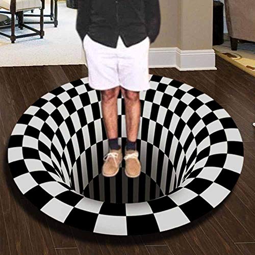 FANSU Runder Teppich, Schwarzer Weißer Vortex Druck 3D Optische Täuschung Moderner Anti-Rutsch Bodenmatte Home Schlafzimmer Büro Wohnzimmer Haustür Art Deco Teppich (Geometrie,100cm) von FANSU