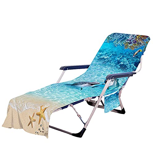 FANSU Schonbezug für Gartenliege Frottee Liegenauflage Garten Sonnenliege Handtuch mit 2 Taschen Stuhl Strandtuch für Schwimmbäder, Strände, Gartenhotels (75x210cm,Delfin) von FANSU