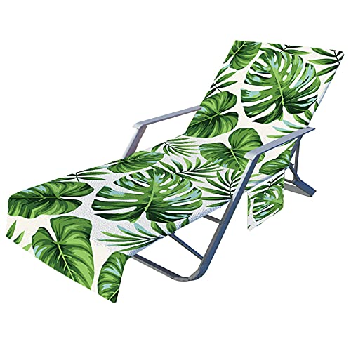 FANSU Schonbezug für Gartenliege Frottee Pflanzen Liegenauflage Garten Sonnenliege Handtuch mit 2 Taschen Stuhl Strandtuch für Schwimmbäder Strände Gartenhotels (Grüne Monstera,75x210cm) von FANSU