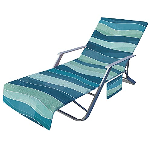 FANSU Streifen Schonbezug für Gartenliege Frottee Liegenauflage Garten Sonnenliege Handtuch mit 2 Taschen Stuhl Strandtuch für Schwimmbäder Strände Gartenhotels (Blaue Welle,75x210cm) von FANSU