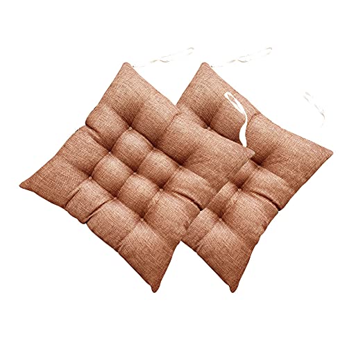 FANSU Stuhlkissen mit Bändern 2er Set, Sitzkissen Leinen Weiches Stuhl Auflage Atmungsaktiv Komfortable Tatami Sitzpolster für Indoor Zuhause Stuhl Balkon Garten (45x45x8cm,Braun) von FANSU