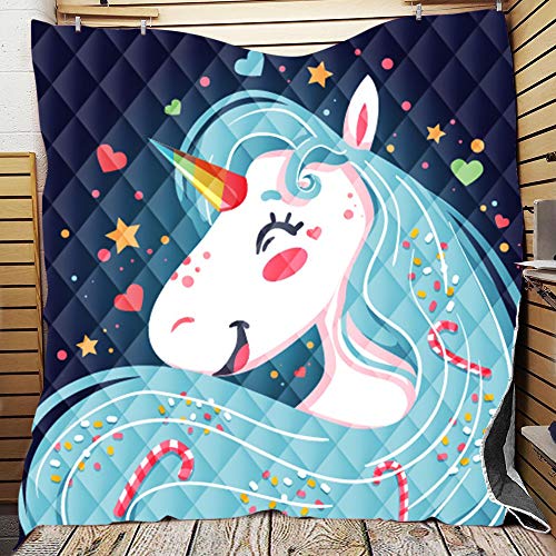 FANSU Tagesdecke Bettüberwurf Steppdecke Mikrofaser Doppelbett Einselbetten Tagesdecken Gesteppt Bettwäsche Sofaüberwurf Wohndecke Cartoon Drucken Einhorn Bettdecke (Blaue Haare,150 * 200cm) von FANSU