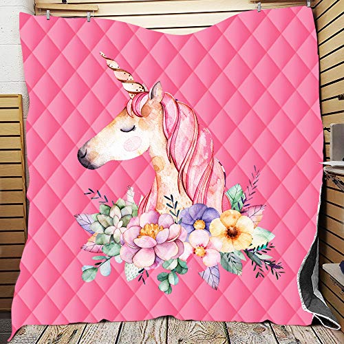 FANSU Tagesdecke Bettüberwurf Steppdecke Mikrofaser Doppelbett Einselbetten Tagesdecken Gesteppt Bettwäsche Sofaüberwurf Wohndecke Cartoon Drucken Einhorn Bettdecke (Rosa Prinzessin,96 * 114cm) von FANSU