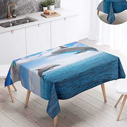 FANSU Tischdecke Wasserdicht Tischwäsche, Rechteckige Wasserabweisend Abwaschbar 3D Delfin Tischtuch Draussen Küchentischabdeckung für Outdoor Garten Küche Dekoration (Blauer Himmel,100x140cm) von FANSU