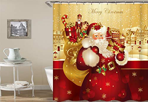 FANSU Weihnachten Duschvorhang Wasserdicht Anti-Schimmel Anti-Bakteriell, 3D Drucken 100% Polyester Bad Vorhang für Badzimmer mit C-Form Kunststoff Haken (Weihnachtsmann 1,180x200cm) von FANSU