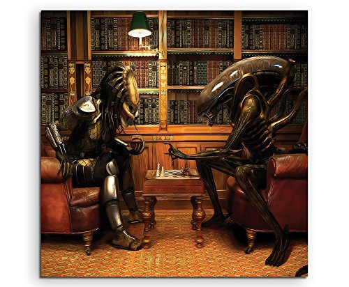 Alien vs Predator Playing Chess Leinwandbild in 60x60cm Made in Germany! Preiswerter fertig gerahmter Kunst-Druck zum Aufhängen - tolles und einzigartiges Motiv. Kein Poster oder Plakat! von Fantasy-Art