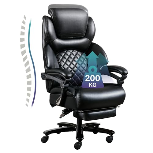Fantasylab Bürostuhl 200KG mit Fußstütze PU Leder Schreibtischstuhl mit Verstellbare Lendenwirbelstützemit Ergonomischer Chefsessel mit Einstellbare Armlehnen, Schwarz von Fantasylab