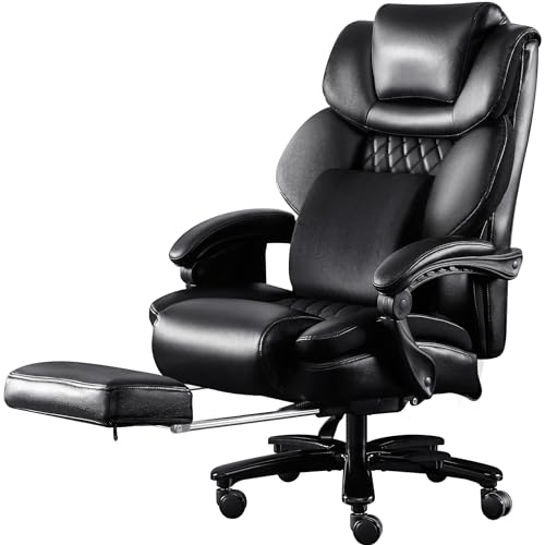 Fantasylab Chefsessel Bürostuhl 200kg Bürostuhl mit Massagefunktion Ergonomischer Schreibtischstuhl Leder Computerstuhl mit Fußstütze, Schwarz von Fantasylab