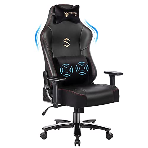 Fantasylab Gaming Stuhl mit Massagefunktion Racing Gamer Stuhl mit Massage Lendenwirbelstütze Gaming Sessel 180KG Belastbarkeit 55 * 52cm großes Kissen Verstellbare Armlehne 3D, Schwarz&Black von Fantasylab