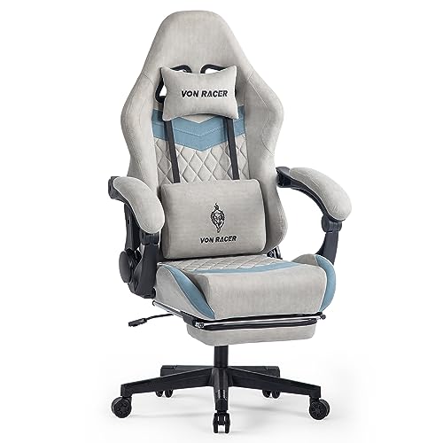 VON RACER Gaming Stuhl mit Fußstütze Gaming Stuhl Stoff Bürostuhl mit Lendenwirbelstütze Ergonomischer Gaming Sessel Gaming Stuhl 150 kg Belastbarkeit Gamer Stuhl Verstellbare Armlehne, Grau von Fantasylab