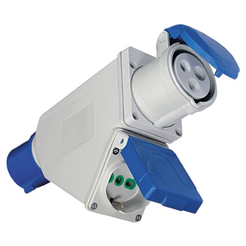 Industrielle Adapter Dual Stecker: 2P + EWG, blau. Stecker: 1 Stecker 2P + T 16 A CEE Blau 1 Stecker 2P + T 16 A Bypass Schuko – IP44. von Fanton