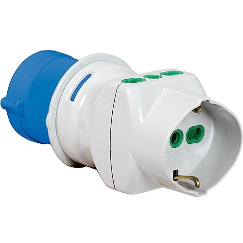 Industrielle Adapter Stecker: 2P + T 16 A CEE Blau – IP44. Stecker: 2 x 2P + T 16 A Bypass 1 x 2P + T 16 A Bypass Schuko. von Fanton